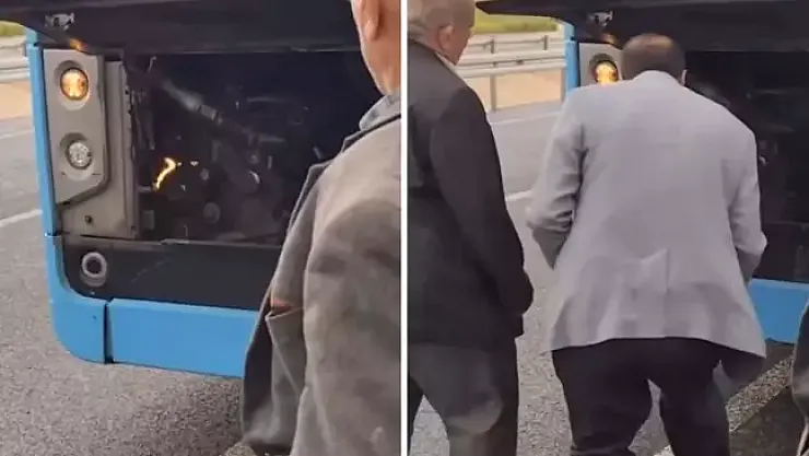Otobüsün Motorunda Çıkan Yangını Üfleyerek Söndürmeye Çalıştı